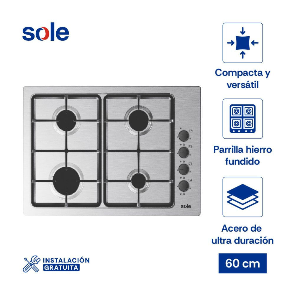 Cocina Encimera a Gas Sole Compacta 4 Hornillas Acero Inoxidable Gris