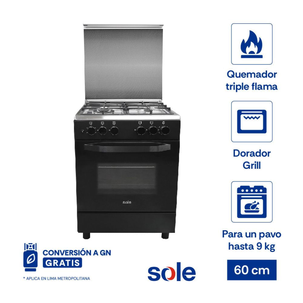 Cocina de Pie a Gas Sole Bahamas 4 Hornillas Acero 60cm Negro con Horno