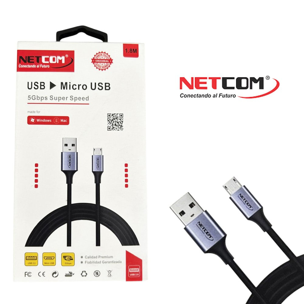 Cable USB a Micro USB 1.8 Metros NETCOM 5Gbps 18w pvc 3A