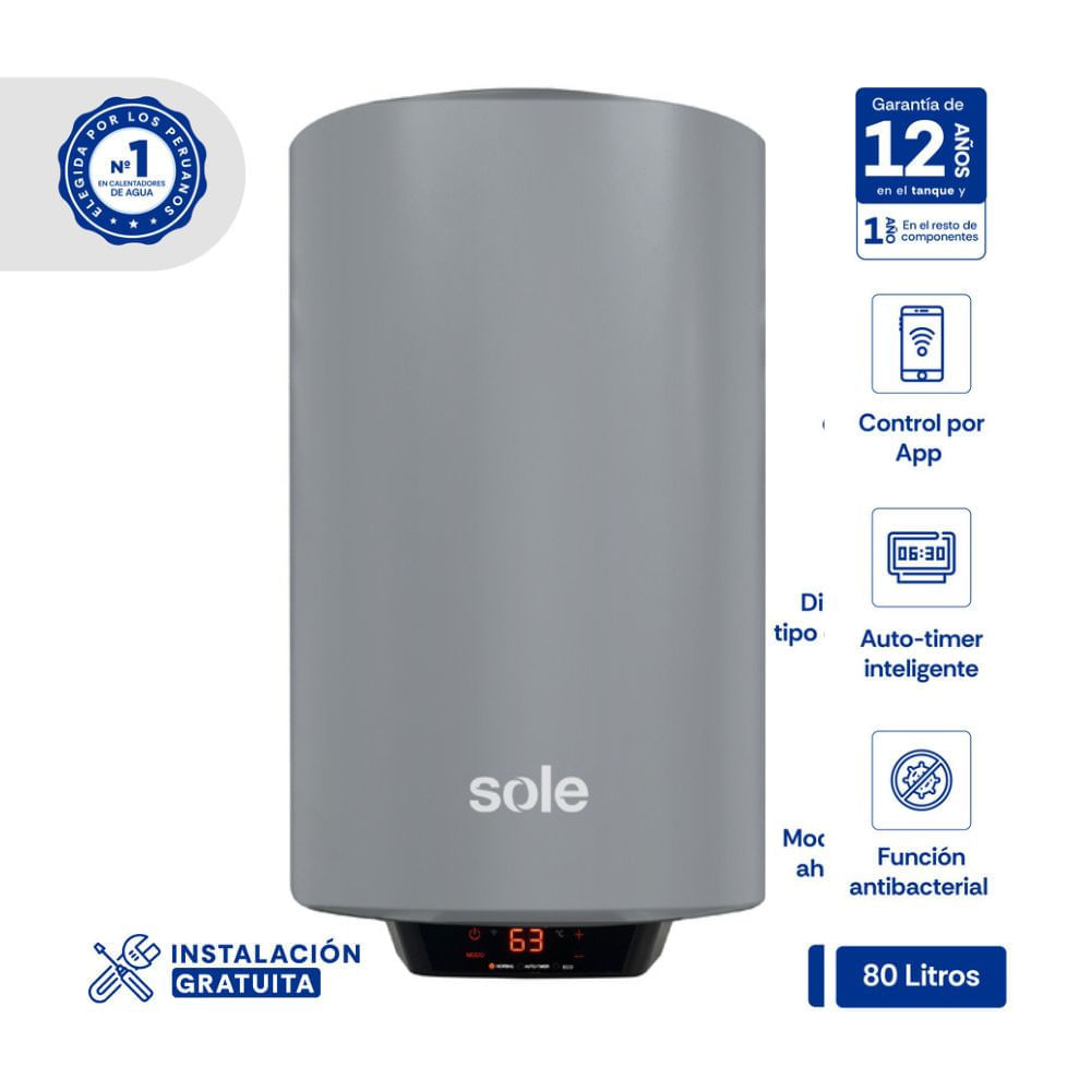 Terma Eléctrica Sole Genius Wifi 80 litros en Acero Aporcelanado Gris Modelo SOLTEGE080C Terma Eléctrica Sole Genius Wifi 80 litros en Acero Aporcelanado Gris Modelo SOLTEGE080C