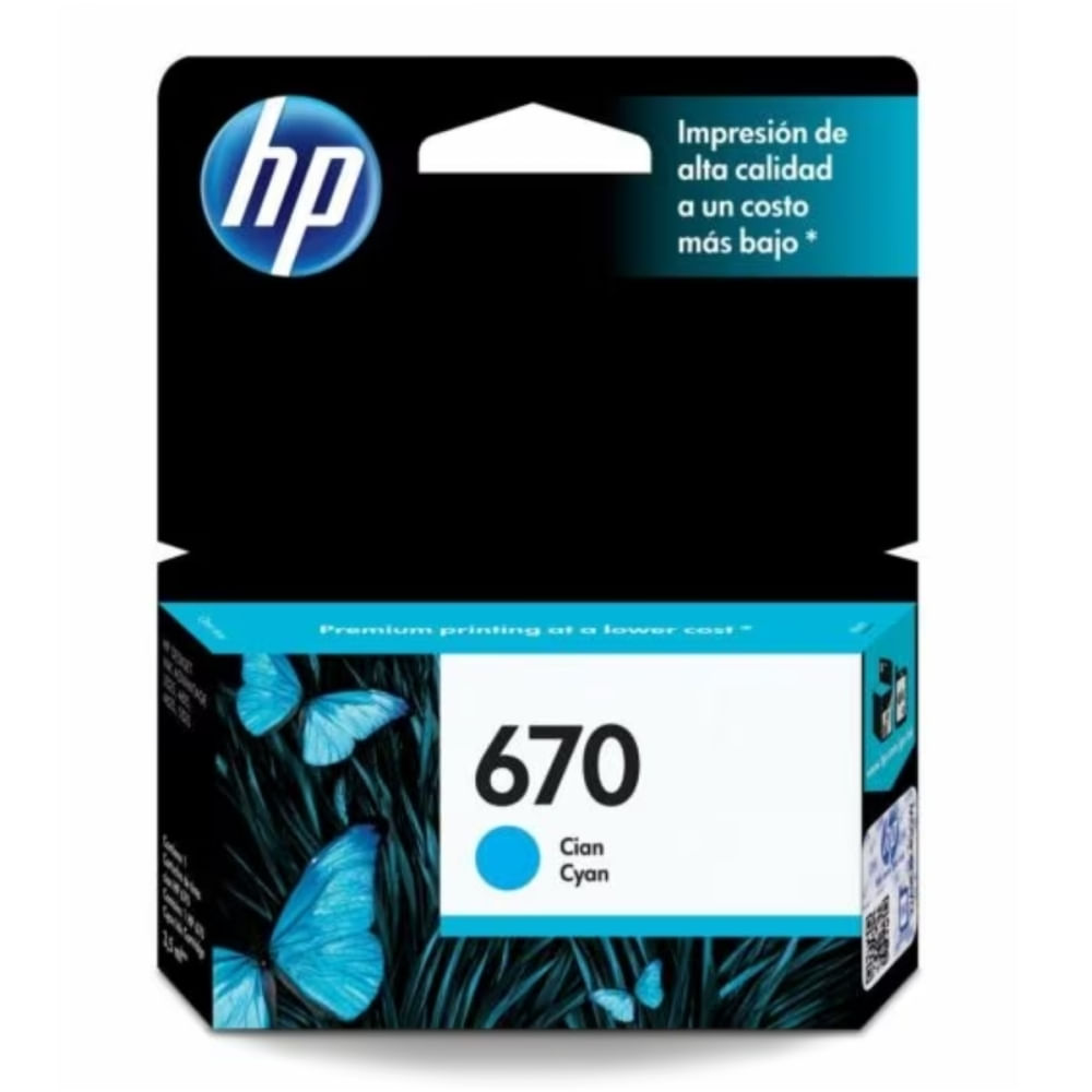 Cartucho de tinta HP 670 en cian, original con tecnología Ink Advantage para impresiones de alta ca