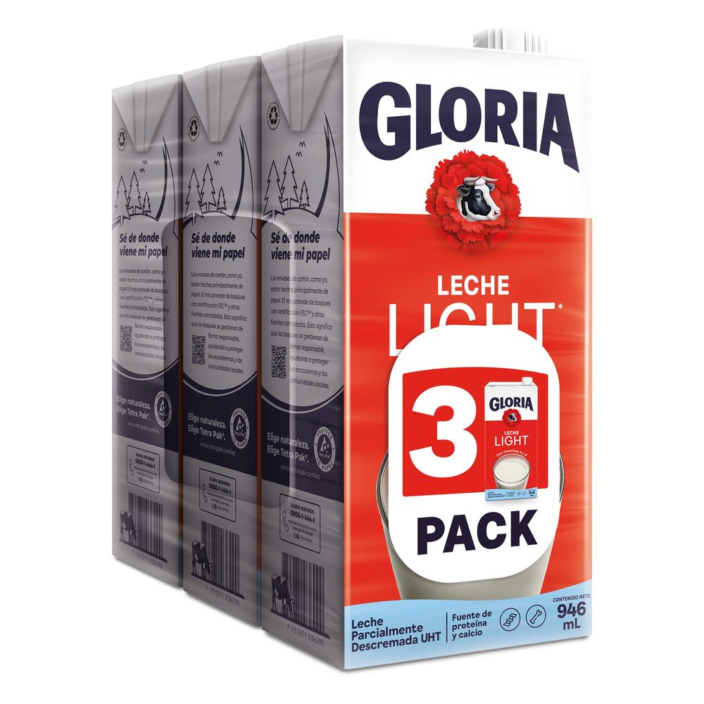 Leche UHT GLORIA Light Caja 946ml Paquete 3un Leche UHT GLORIA Light Caja 946ml Paquete 3un