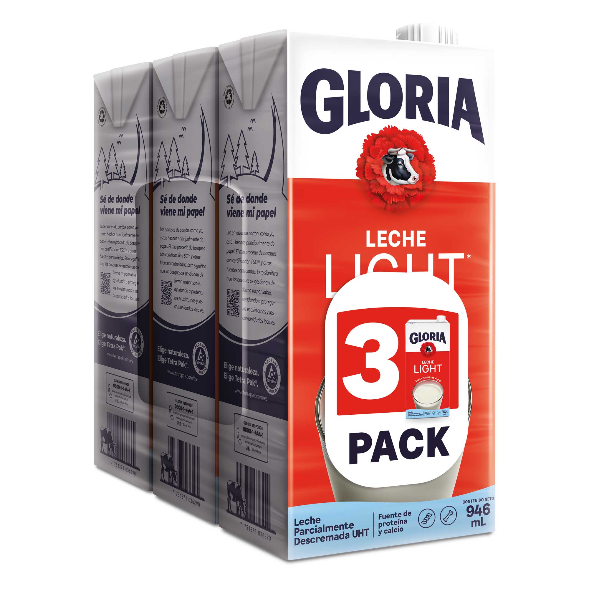 Leche UHT GLORIA Light Caja 946ml Paquete 3un