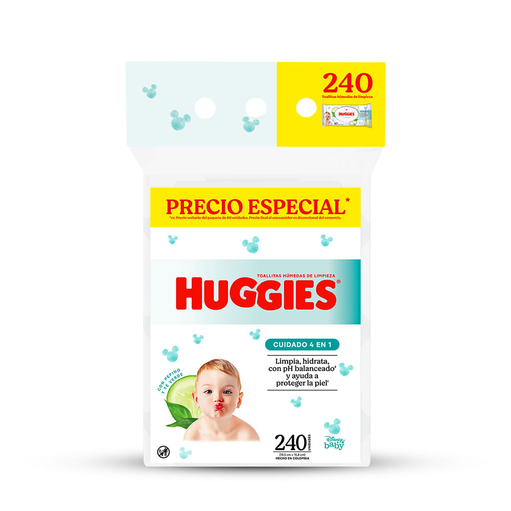 Toallitas Húmedas HUGGIES Cuidado 4 en 1 Desechables Paquete 240un Toallitas Húmedas HUGGIES Cuidado 4 en 1 Desechables Paquete 240un