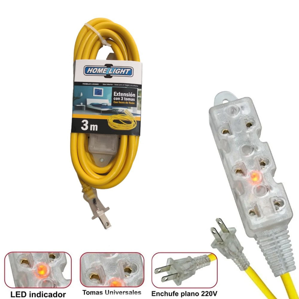 Extensión Eléctrica Cable Vulcanizado de 3 Tomas 3 Metros HOME LIGHT