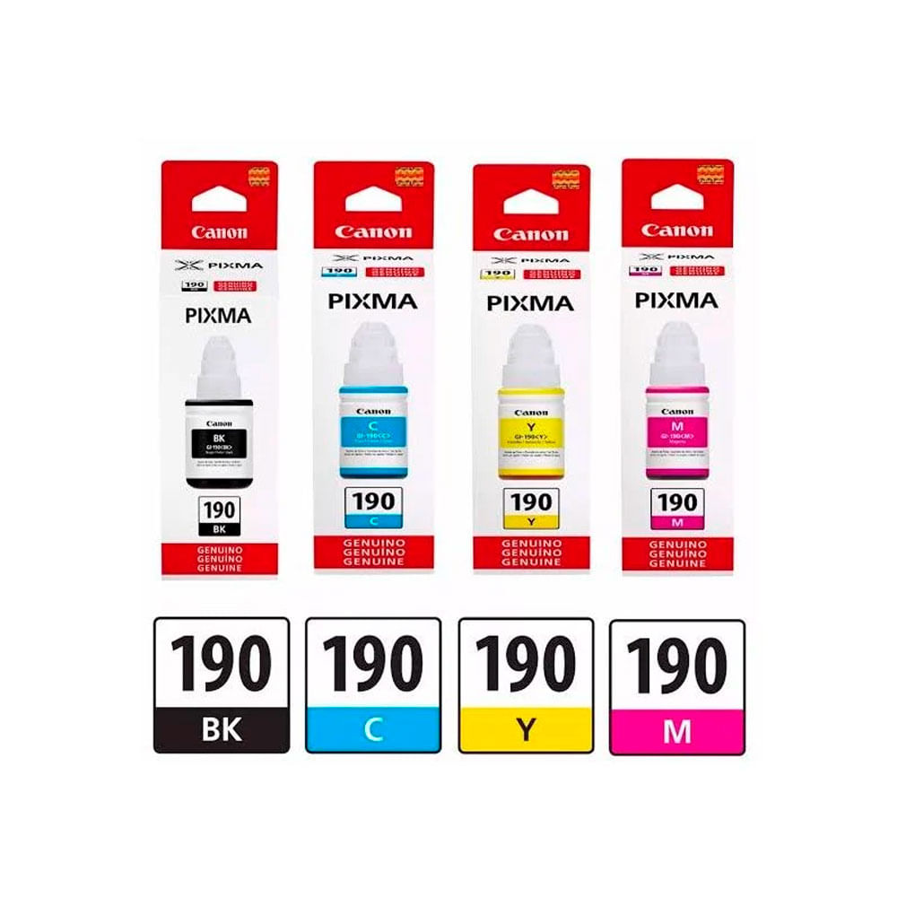Kit de Tintas Canon GI-190 Original 4 Colores   Compatible con impresoras Canon G1100   G2100  G3100