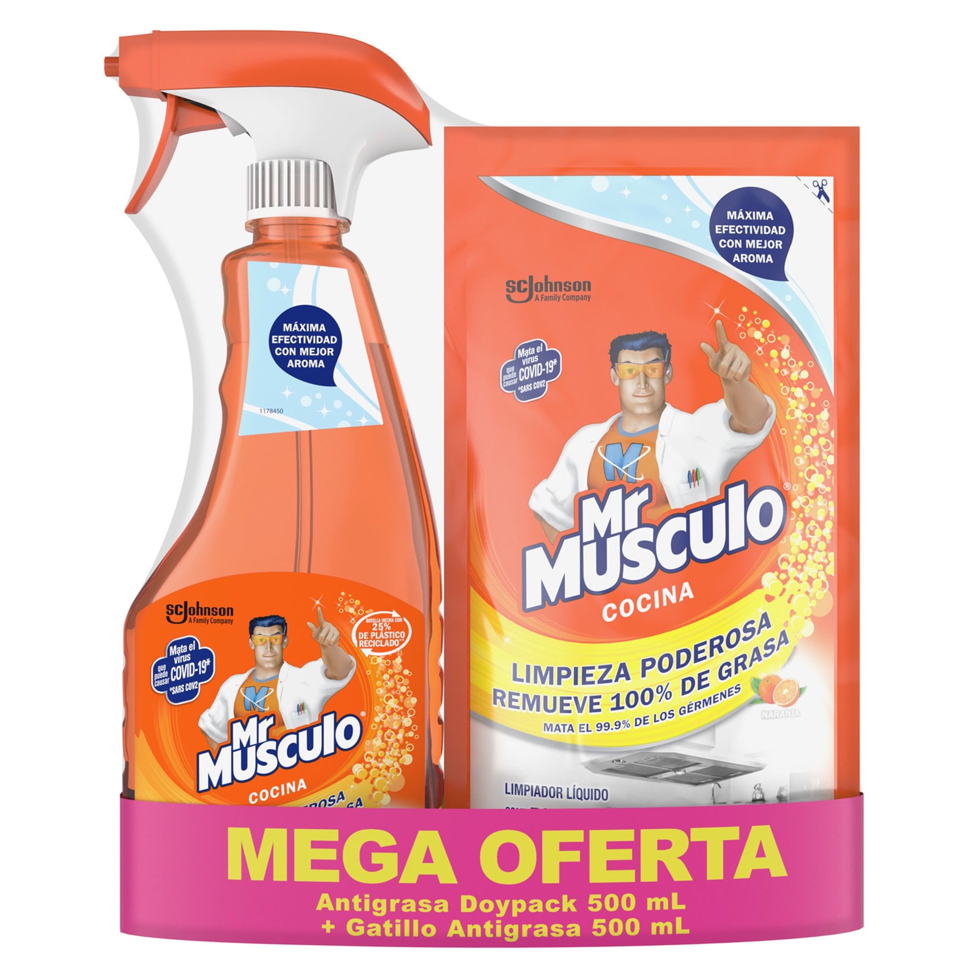 Sacagrasa MR MÚSCULO Naranja Spray 500ml + Sacagrasa MR MÚSCULO Naranja Doypack 500ml