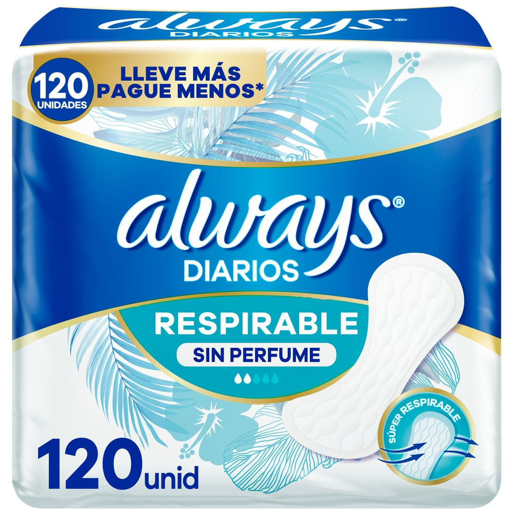 Protectores Diarios ALWAYS Respirable sin Perfume Caja 120un