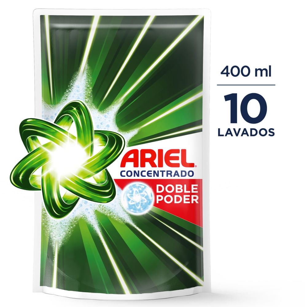 Detergente Líquido ARIEL Doble Poder Concentrado para Ropa Blanca y de Color Bolsa 400ml