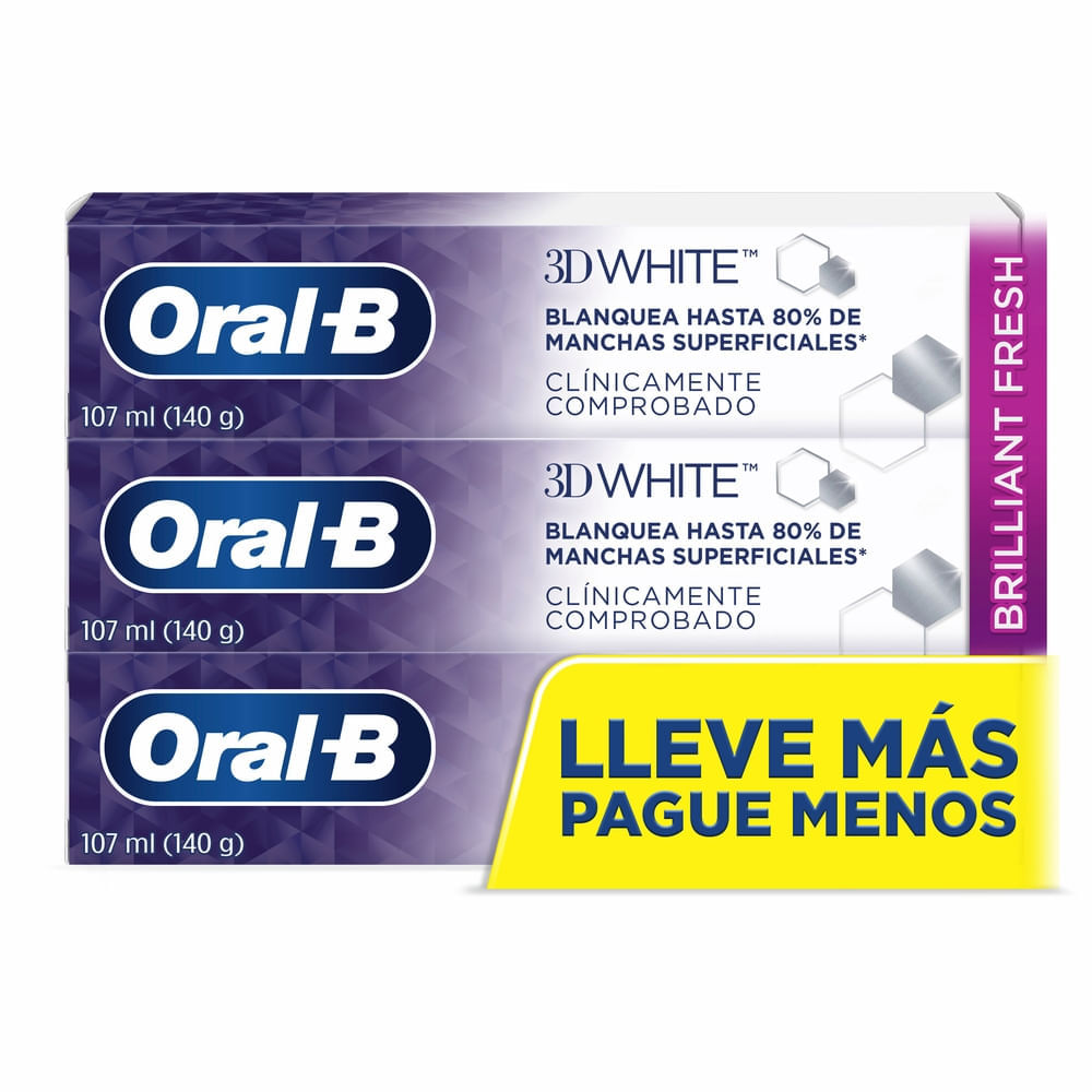 Pasta Dental ORAL-B 3D White Brilliant Fresh Anticaries con Flúor Tubo 107ml Paquete 3un Pasta Dental ORAL-B 3D White Brilliant Fresh Anticaries con Flúor Tubo 107ml Paquete 3un