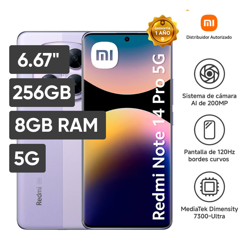 Smartphone XIAOMI REDMI NOTE 14 PRO 5G 6.67"" 8GB 256GB 200MP Lavender Purple