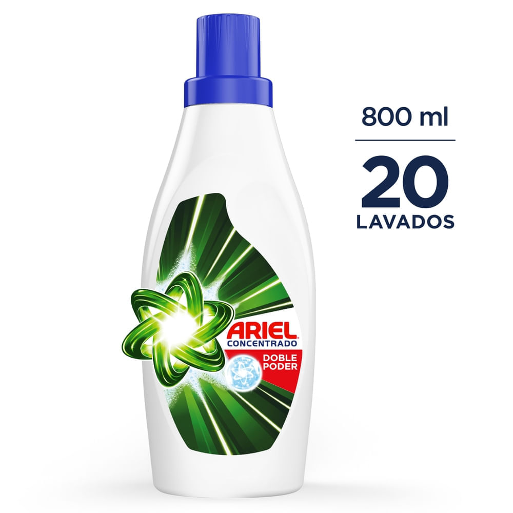 Detergente Líquido ARIEL Doble Poder Concentrado para Ropa Blanca y de Color Botella 800ml Detergente Líquido ARIEL Doble Poder Concentrado para Ropa Blanca y de Color Botella 800ml