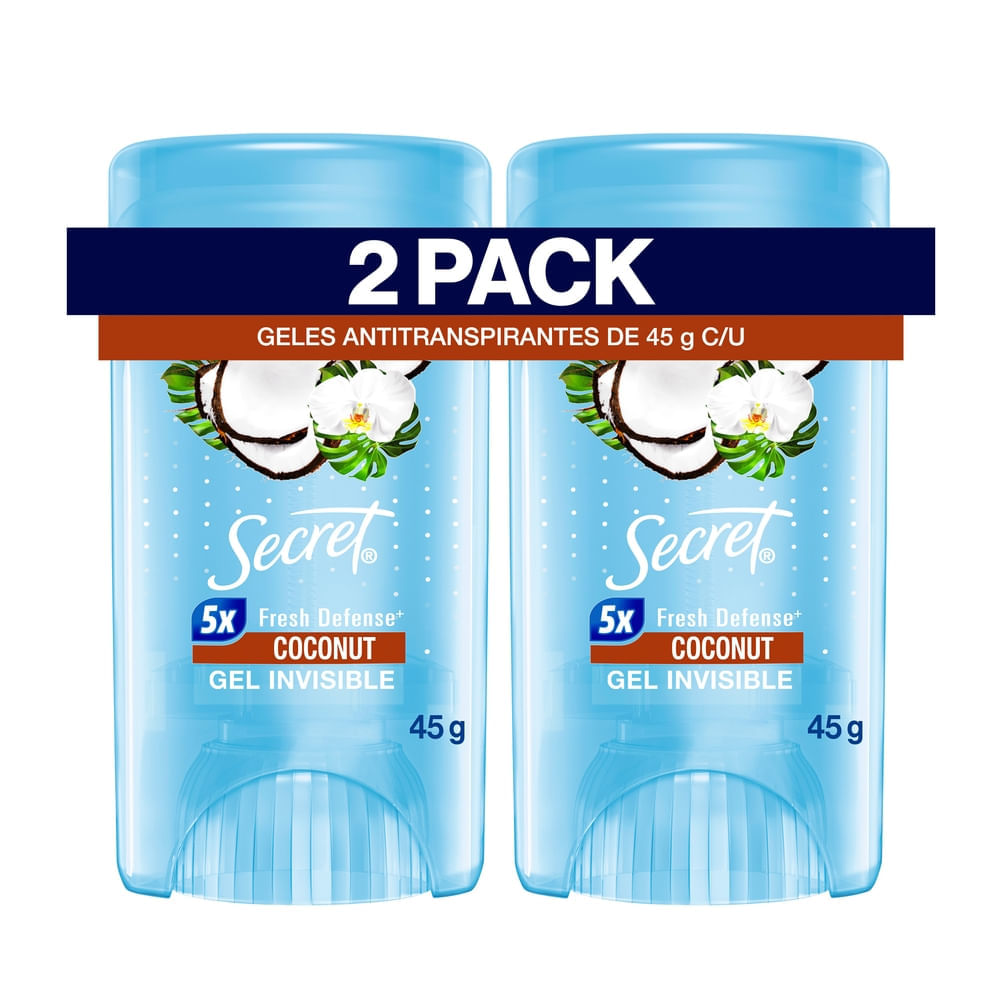 Pack Antitranspirante para Mujer en Gel SECRET Coconut Invisible Frasco 45g x 2un Pack Antitranspirante para Mujer en Gel SECRET Coconut Invisible Frasco 45g x 2un