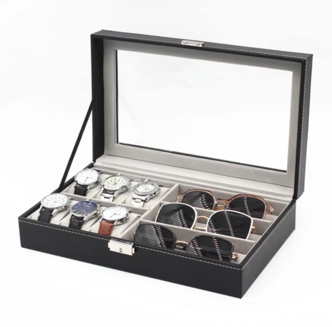 Caja de Relojes Organizador Lentes Joyas y Accesorios Porta Reloj de Cuero PU en Negro