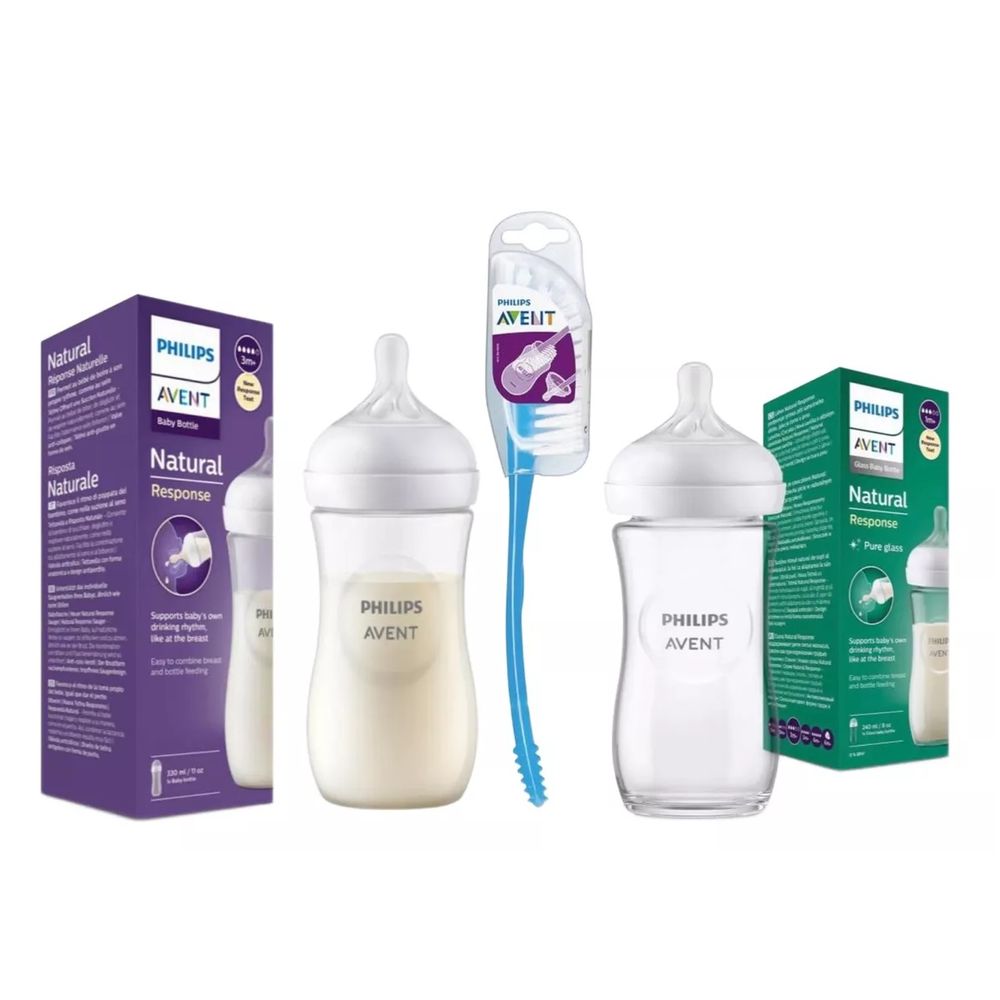 Pack Biberones Avent Vidrio 240ml Plastico 330ml Y Escobilla Pack Biberones Avent Vidrio 240ml Plastico 330ml Y Escobilla