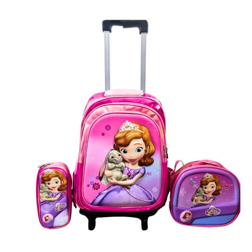 Mochila para Niñas con Ruedas Diseño Princesita Sofía Cartuchera y Lonchera Mochila para Niñas con Ruedas Diseño Princesita Sofía Cartuchera y Lonchera