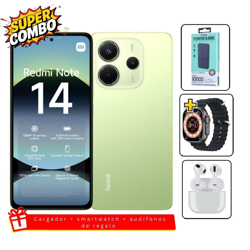 Xiaomi Redmi Note 14 256GB 8GB RAM Verde Xiaomi Redmi Note 14 256GB Verde - Cargador 10000mah - Reloj - Audifonos Xiaomi Redmi Note 14 256GB 8GB RAM Verde Xiaomi Redmi Note 14 256GB Verde - Cargador 10000mah - Reloj - Audifonos