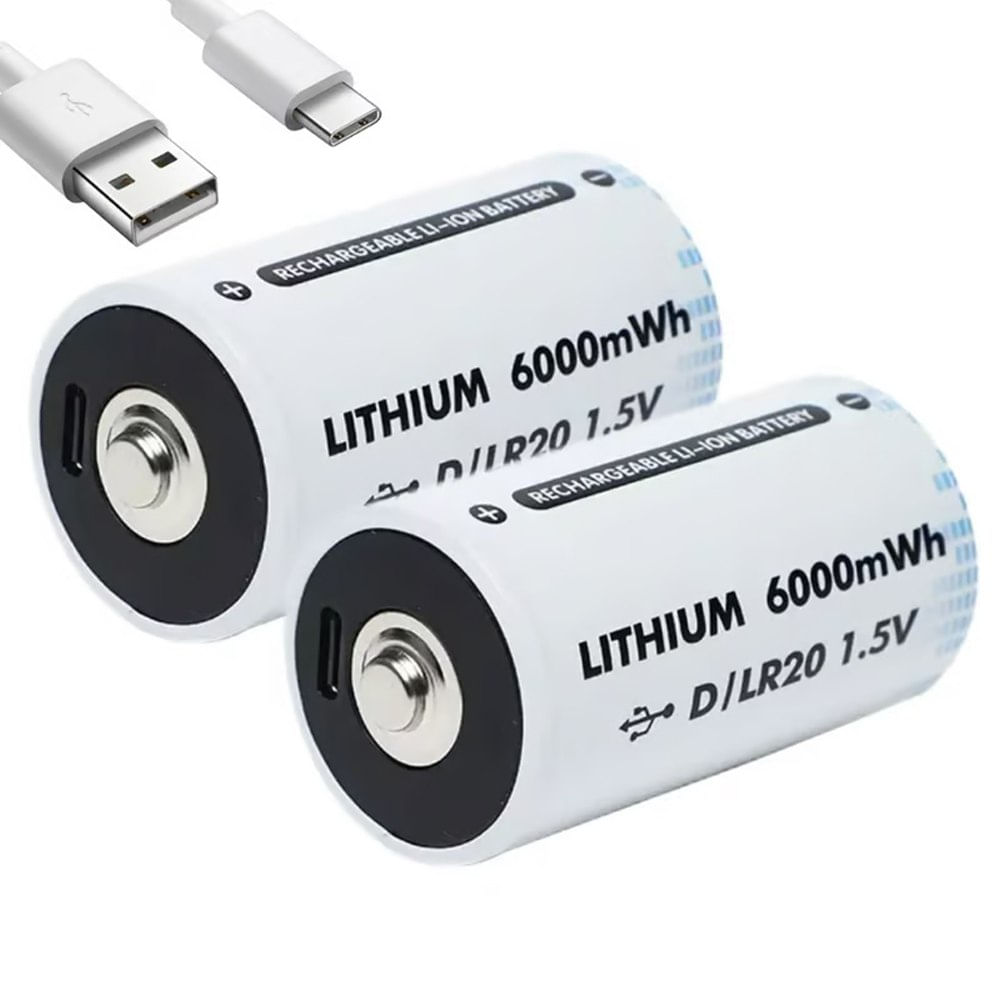2 Baterias de Litio Recargable Tipo D 1.5V 6000mWh Pila D LR20 USB C