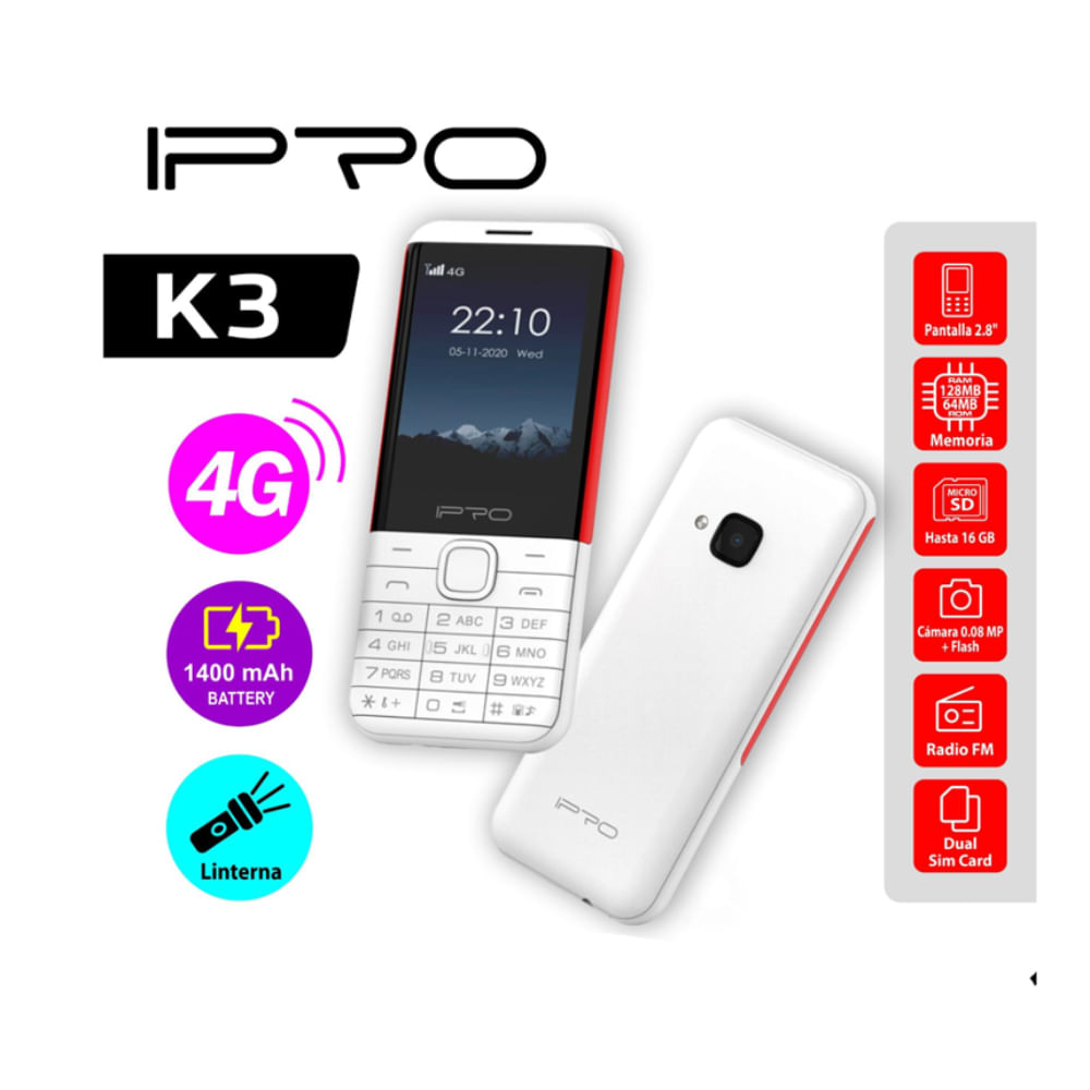 Celular Ipro K3 4G  Betería 1400mAh Radio FM Inalámbrico Blanco