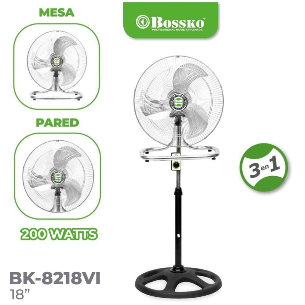 Ventilador Bossko BK 8218VI Malla Plateado 200 Watts, 3 en 1 Pedestal, Mesa y Pared