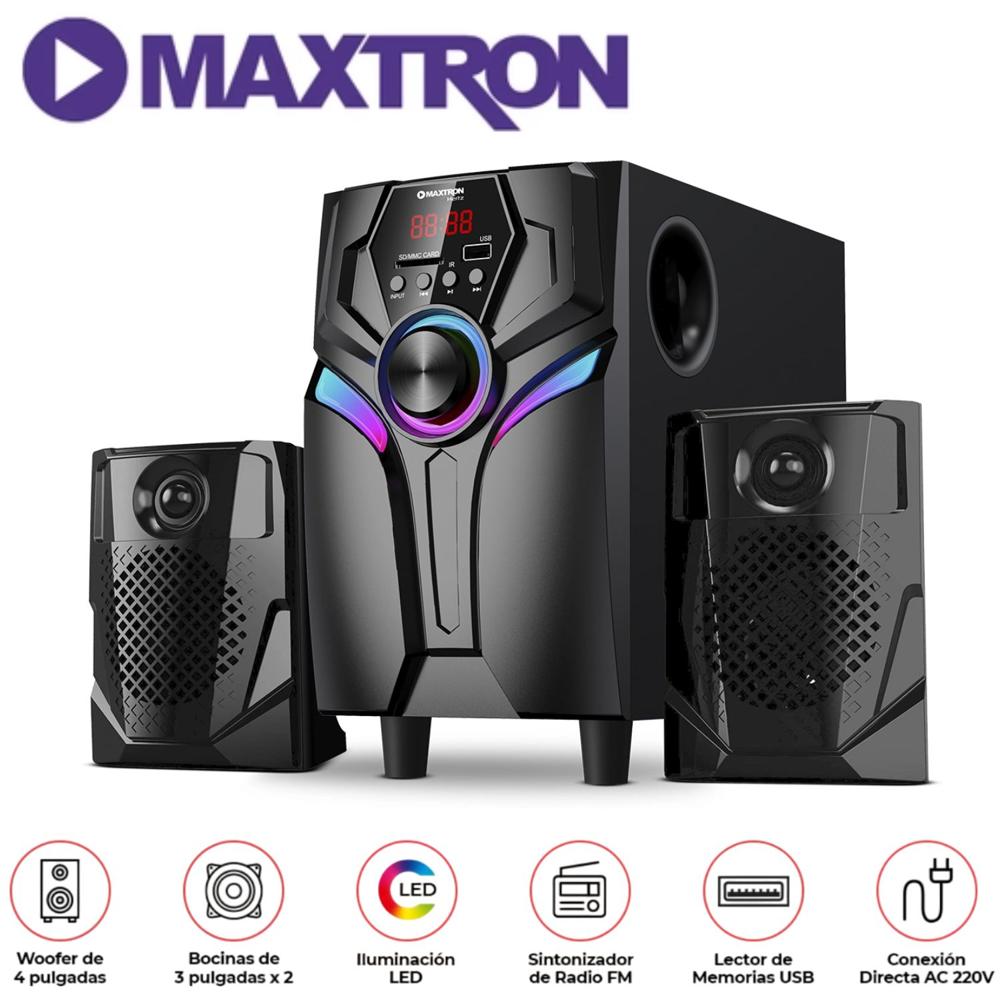 Parlante 2,1 Maxtron MAX S200 Hertz USB BT AUX Iluminación LED