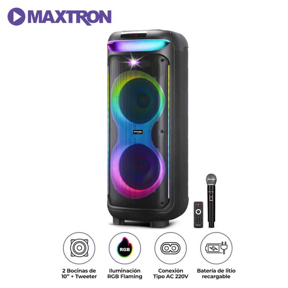 Torre de Sonido Maxtron Bravatto 2 Bocinas de 10” USB BT TWS LED RGB Micrófono