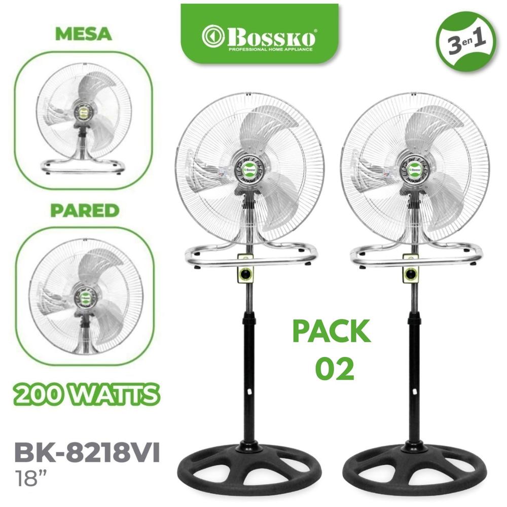 Pack 02 unidades Ventilador Bossko BK 8218 Plateado 200 Watts, 3 en 1 Pedestal, Mesa y Pared