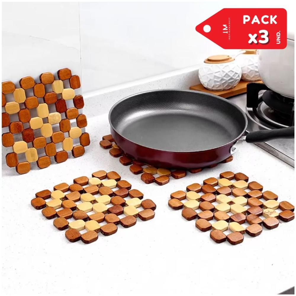 Soporte de Bambú Resistente Para Vajilla Olla Sarten Pack x3