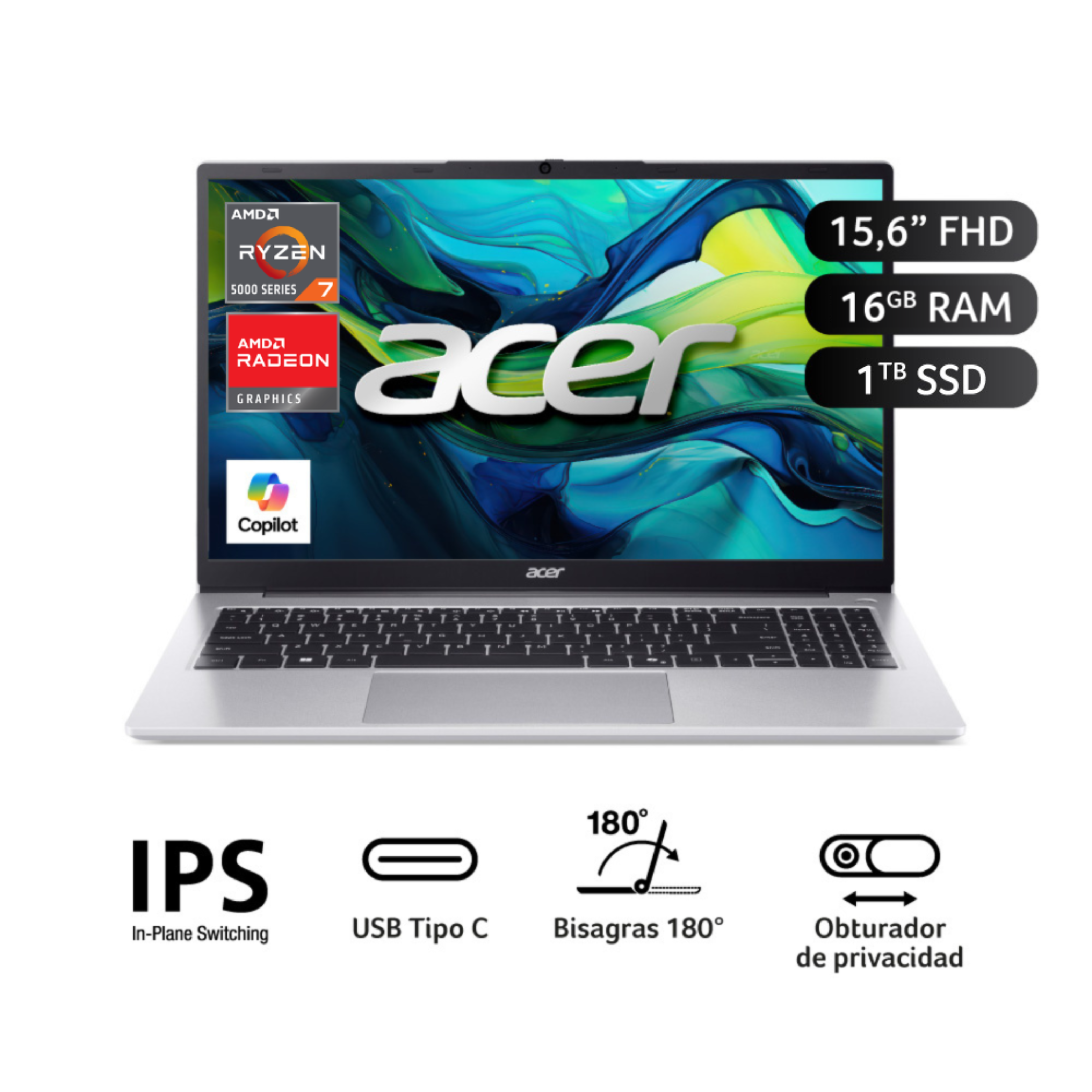 Laptop Acer Aspire lite AMD Ryzen™ 7 5700U 16GB RAM 1TB SSD 15.6""