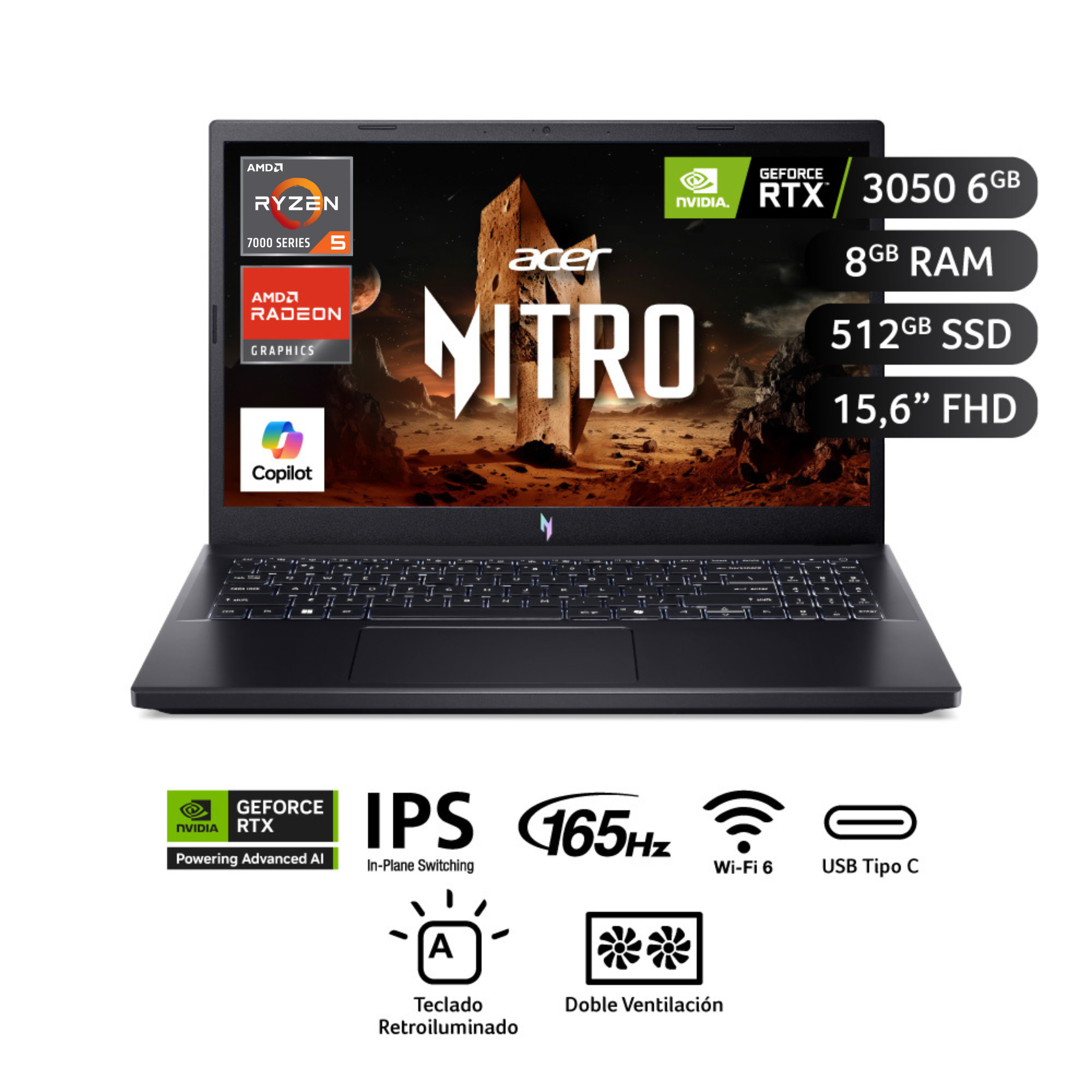 Laptop Gamer Acer Nitro V AMD Ryzen™ 5 7535HS 8GB RAM 512GB SSD 15.6"" RTX 3050.