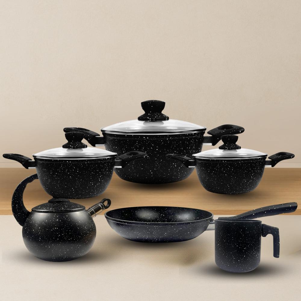 Juego de Olla Granito Volcánico Antiadherente y Liviana por 10 Pzs Negro