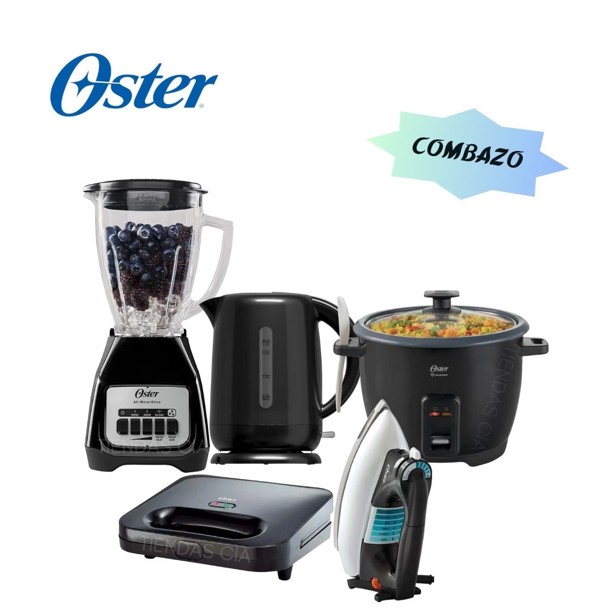 Combazo Oster Licuadora - Hervidor - Olla Arrocera - Sandwichera Y Plancha Clasica