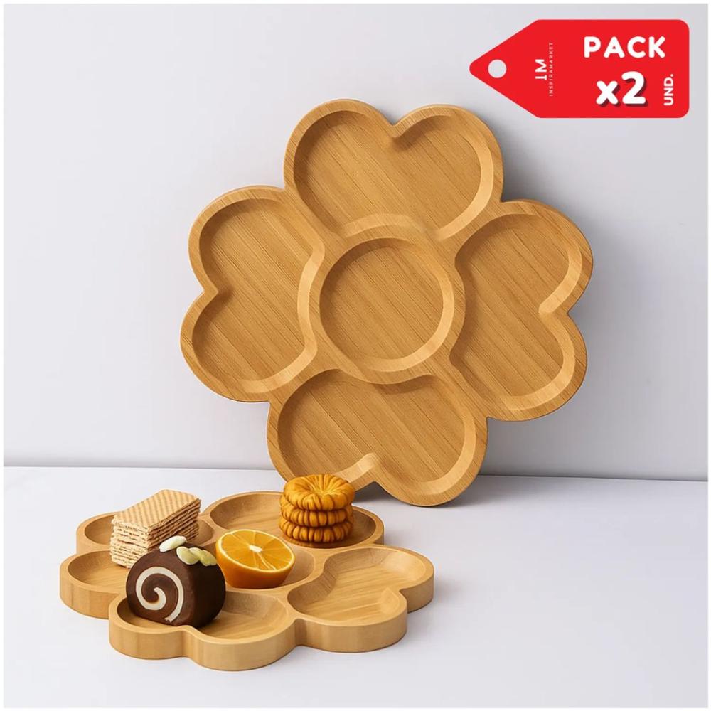 Bandeja para Alimentos Decorativa Bambu Tipo Flor Pack x2