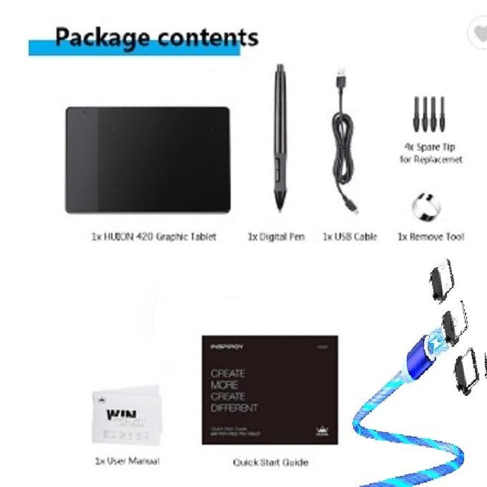 Tableta Gráfica Digital Huion 420 y CABLE LED AZUL