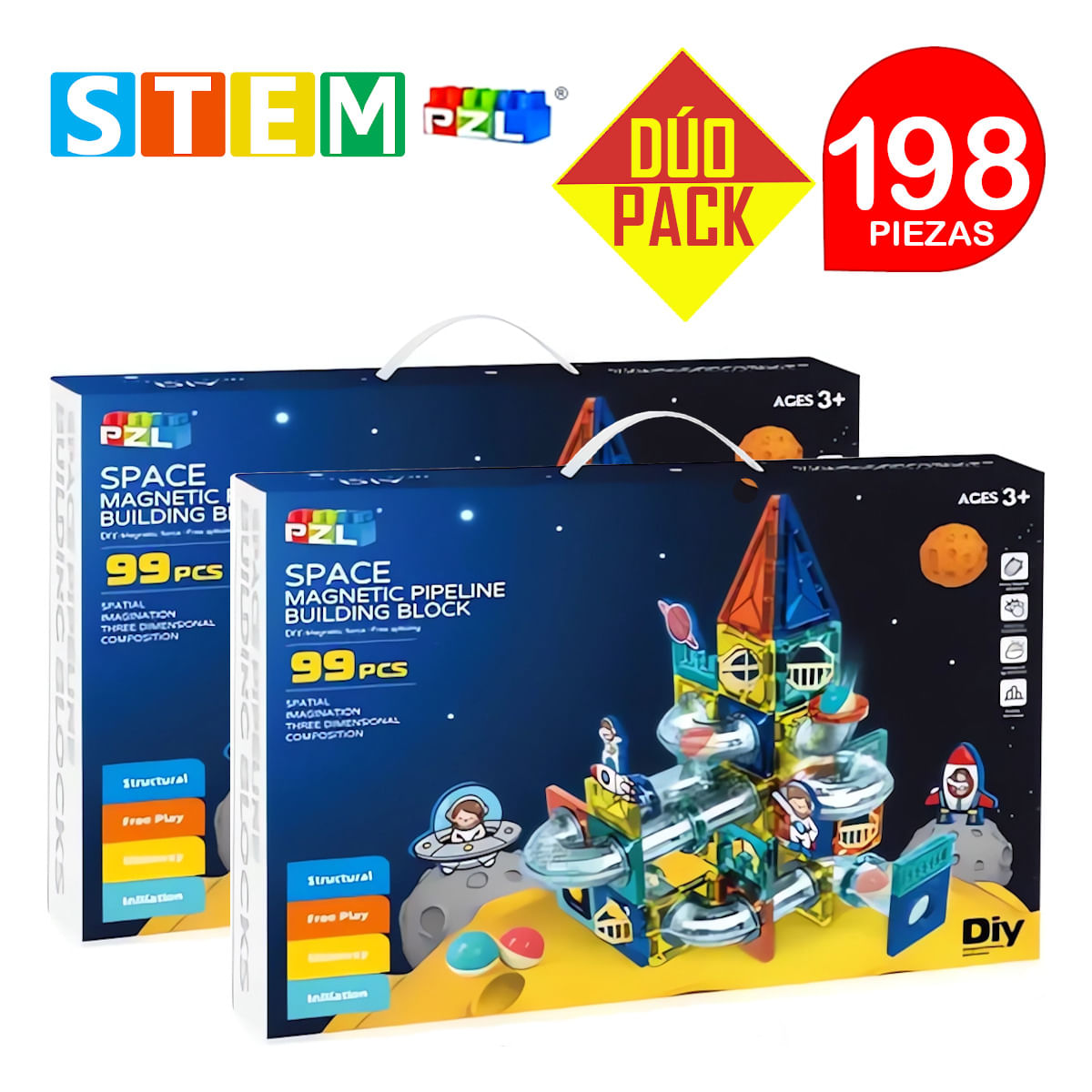 Bloques Magnéticos Didácticos STEM PZL ESPACIAL Caja 99 Piezas Dúo Pack 198 Piezas