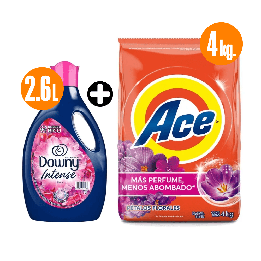 COMBO Detergente en Polvo Ace Petalos Florales 4kg + Suavizante Downy Floral 2.6L