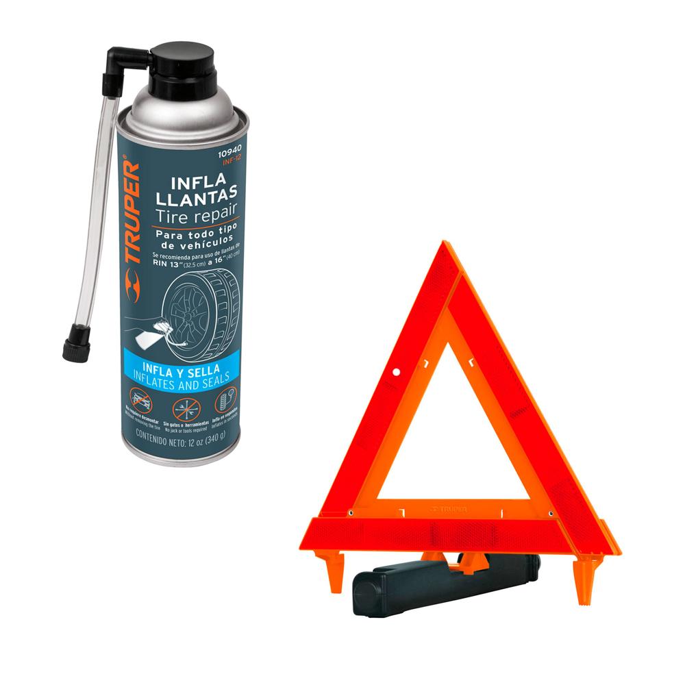 Sellador de Neumaticos Llanta 12oz Auto 10940 y Triangulo de Seguridad Vial 29cm 10943 Truper