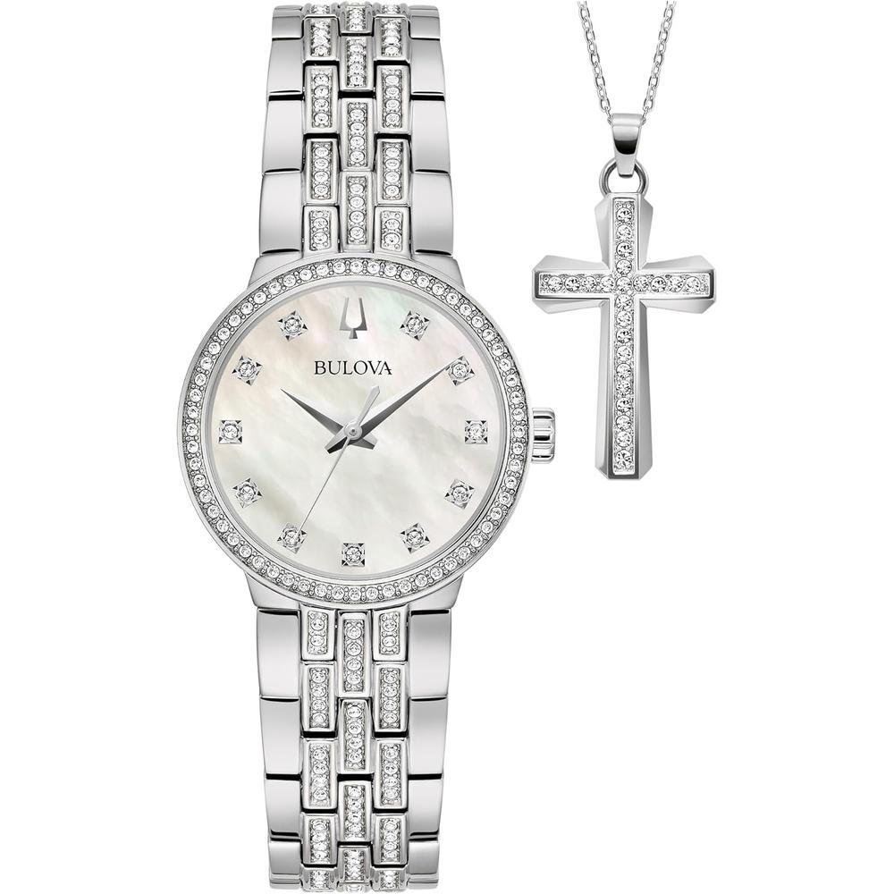 Conjunto Bulova mujer acero cuarzo 3 agujas collar | Plata