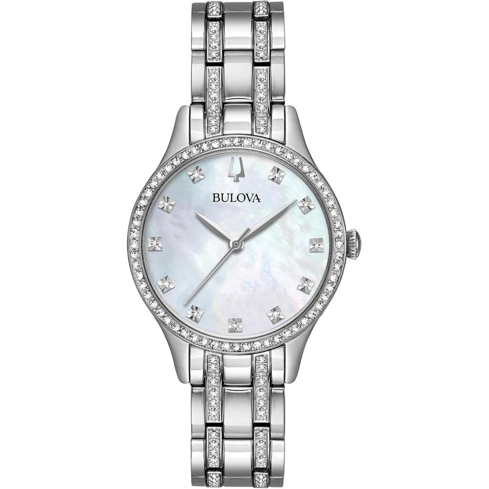 Bulova set de regalo mujer cristal reloj cuarzo 3 agujas y brazalete | Plateado