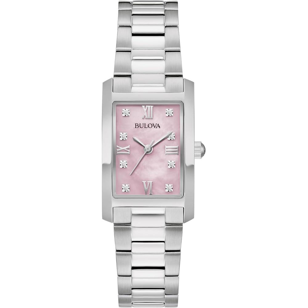 Bulova reloj clásico mujer cuarzo 3 agujas diamantes acero rectangular | Plata