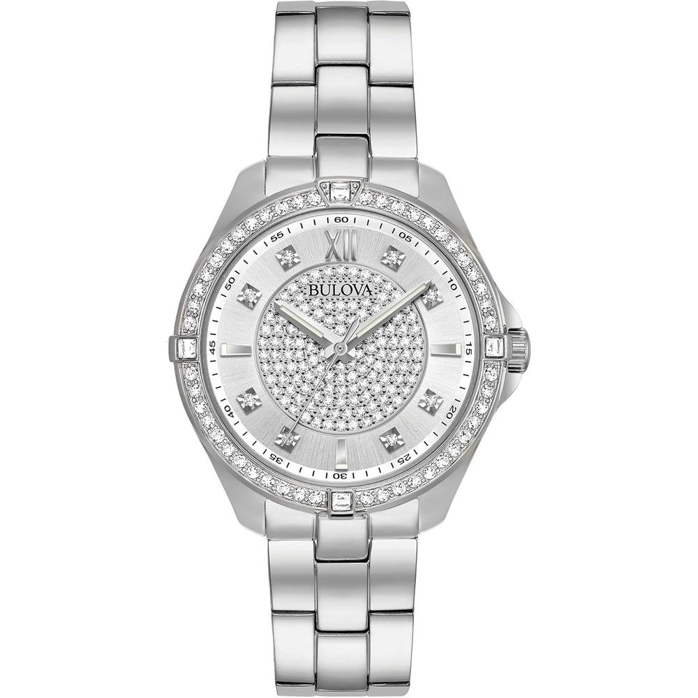 Bulova reloj clásico mujer cuarzo acero inoxidable cristales dos agujas pavé | Plateado