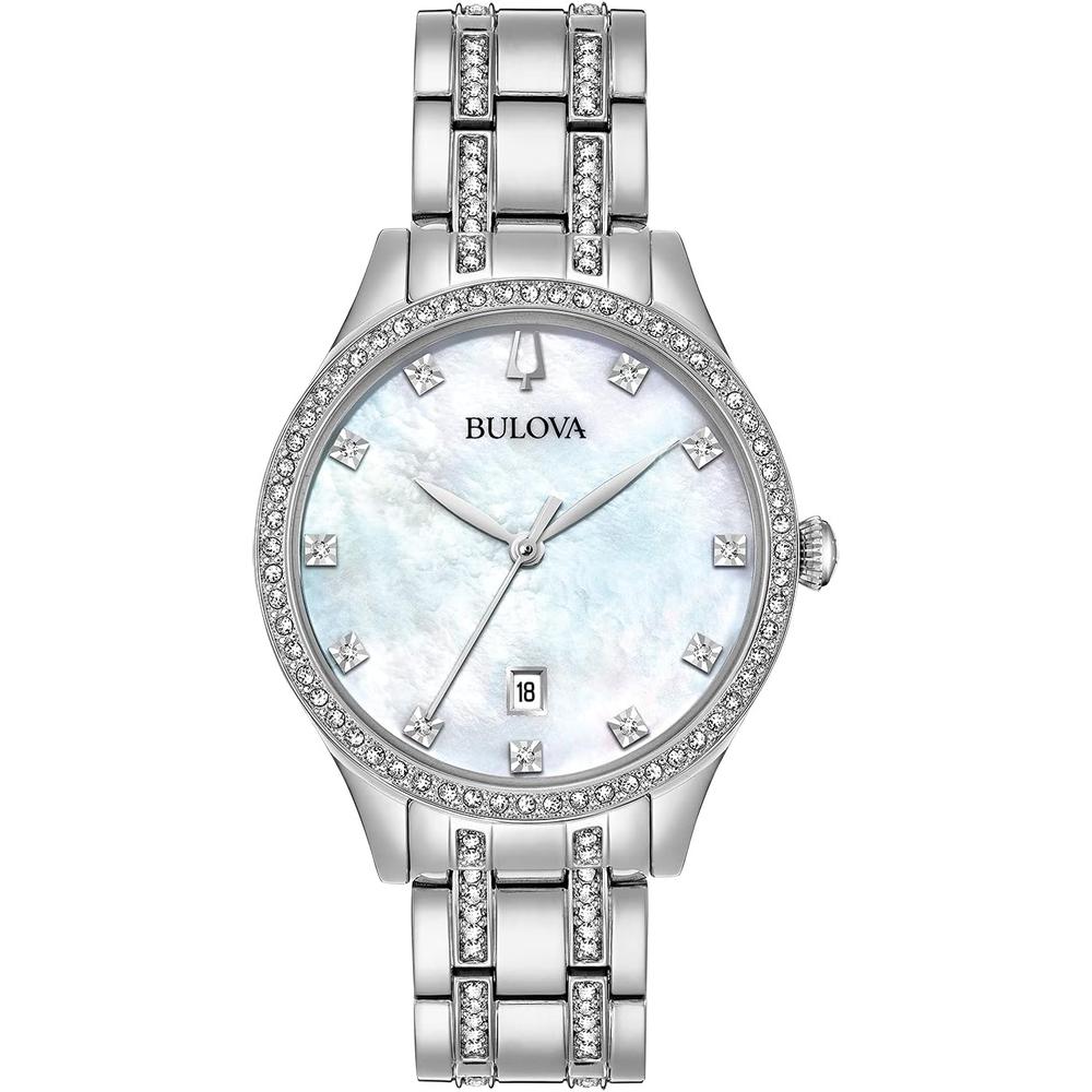 Bulova reloj clásico mujer cuarzo acero inoxidable cristales 3 agujas nácar | Plateado