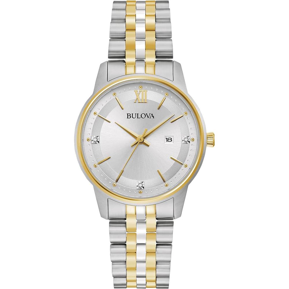 Bulova reloj clásico mujer cuarzo 3 agujas diamantes calendario fecha | Oro/Plata
