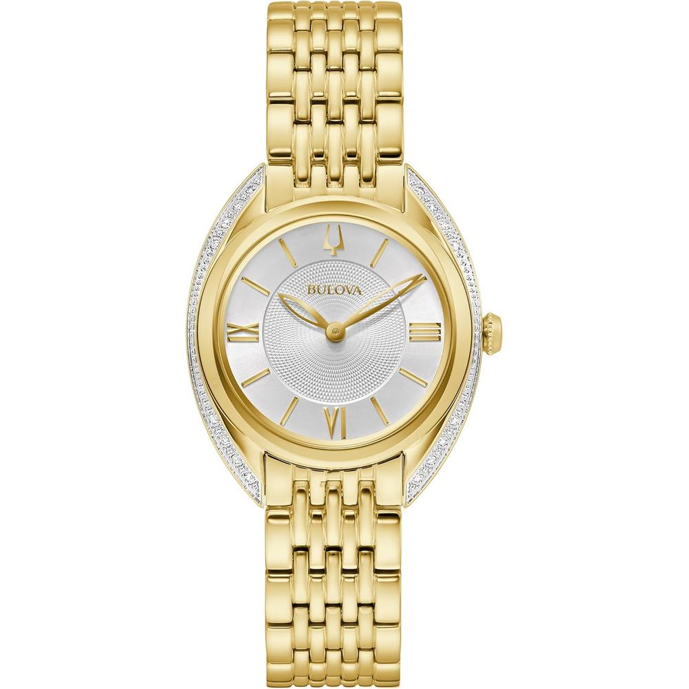 Bulova reloj clásico de mujer cuarzo dos agujas con diamantes acero inoxidable | Oro