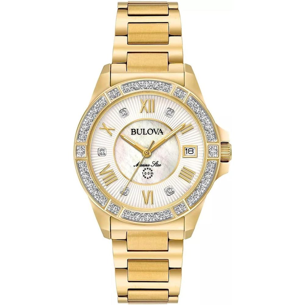 Bulova reloj Marine Star mujer serie L cuarzo 3 agujas fecha día y diamantes | Dorado