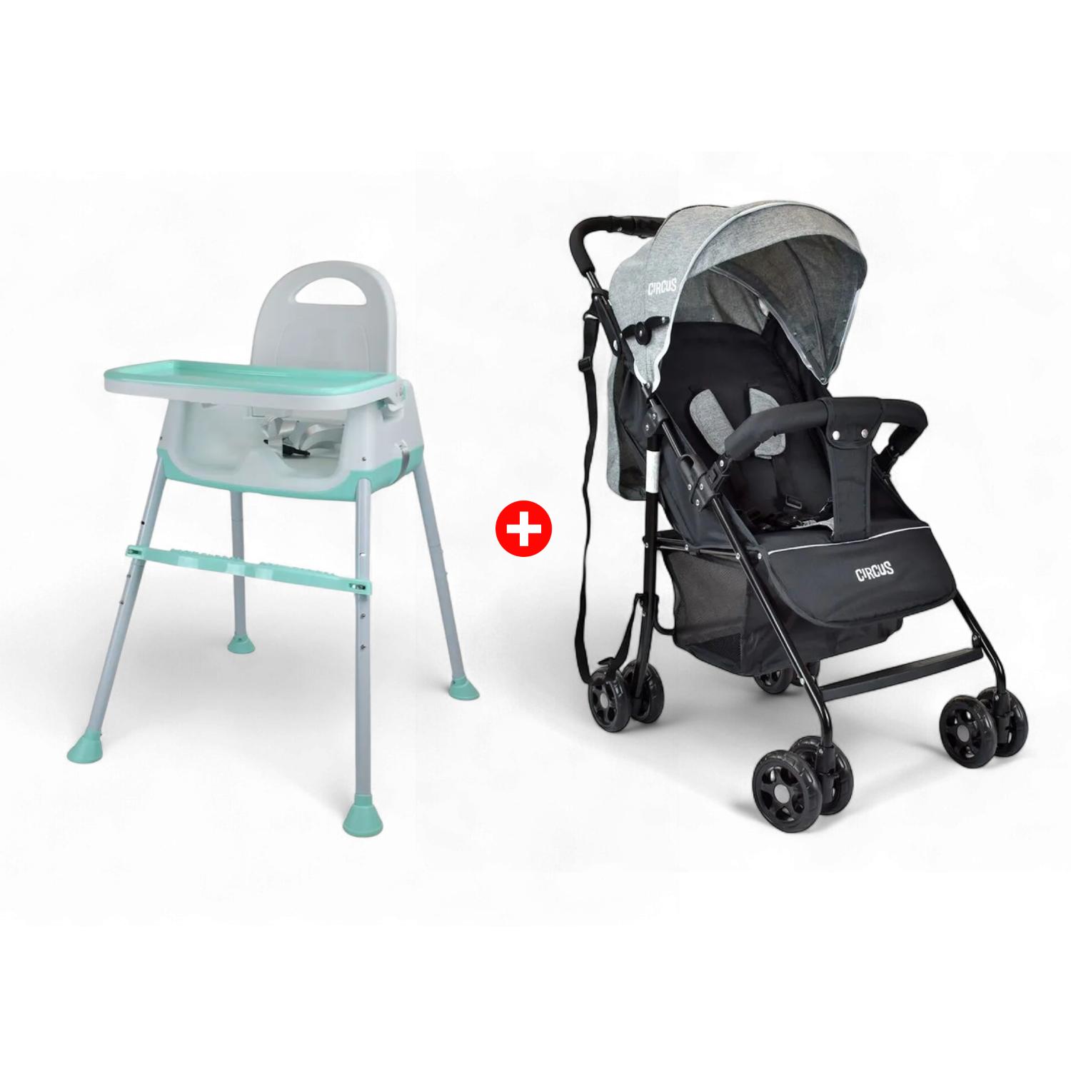 Combo Coche Paseo Para Bebé Circus Gris + Silla De Comer 4 En 1 Verde