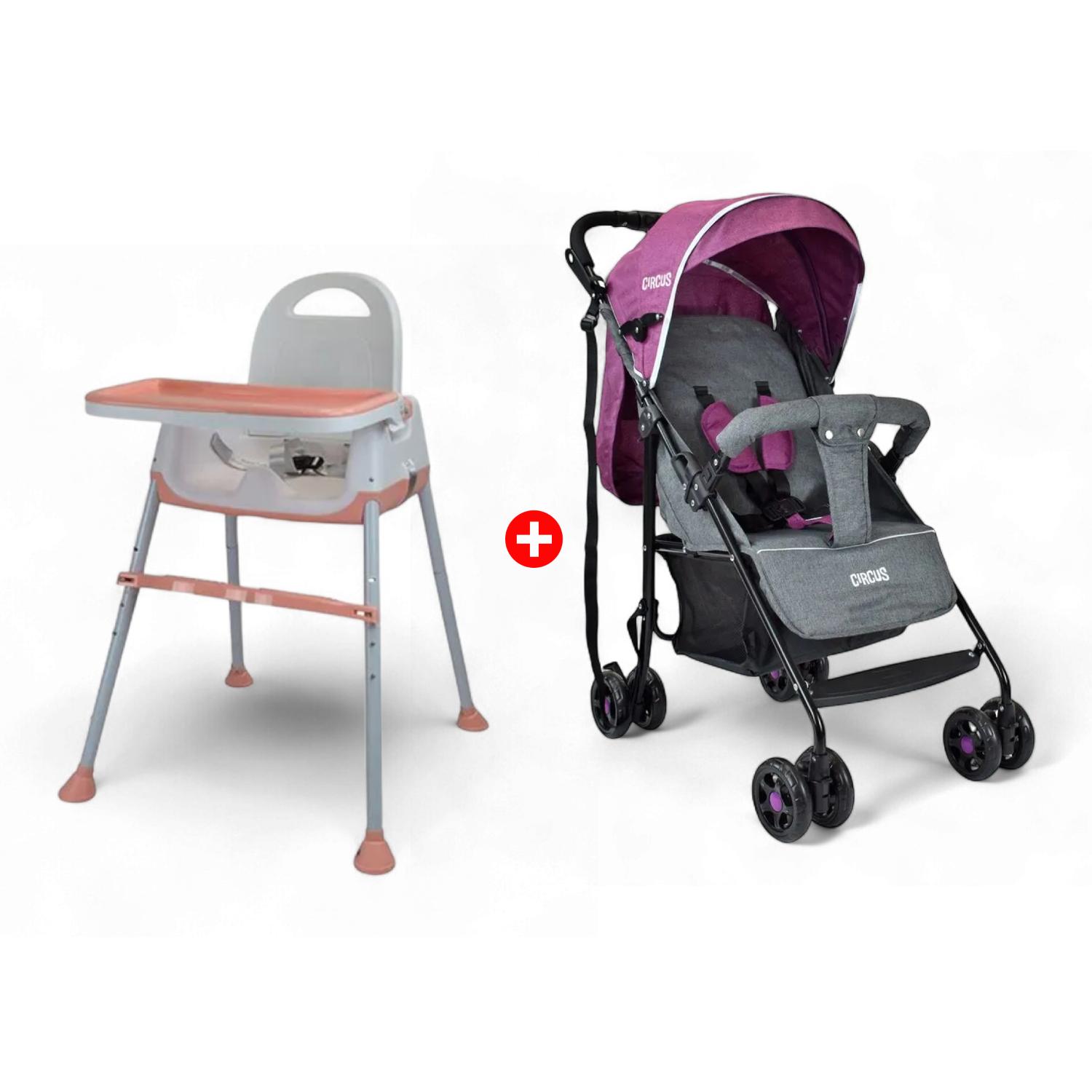 Combo Coche Paseo Para Bebé Circus + Silla De Comer 4 En 1 Rosa