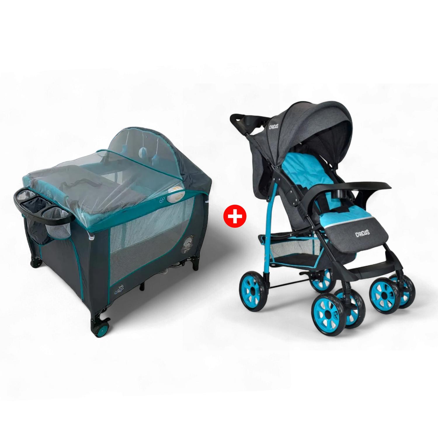 Combo Coche Multiposiciones Para Bebé Circus + Cuna Corral Azul