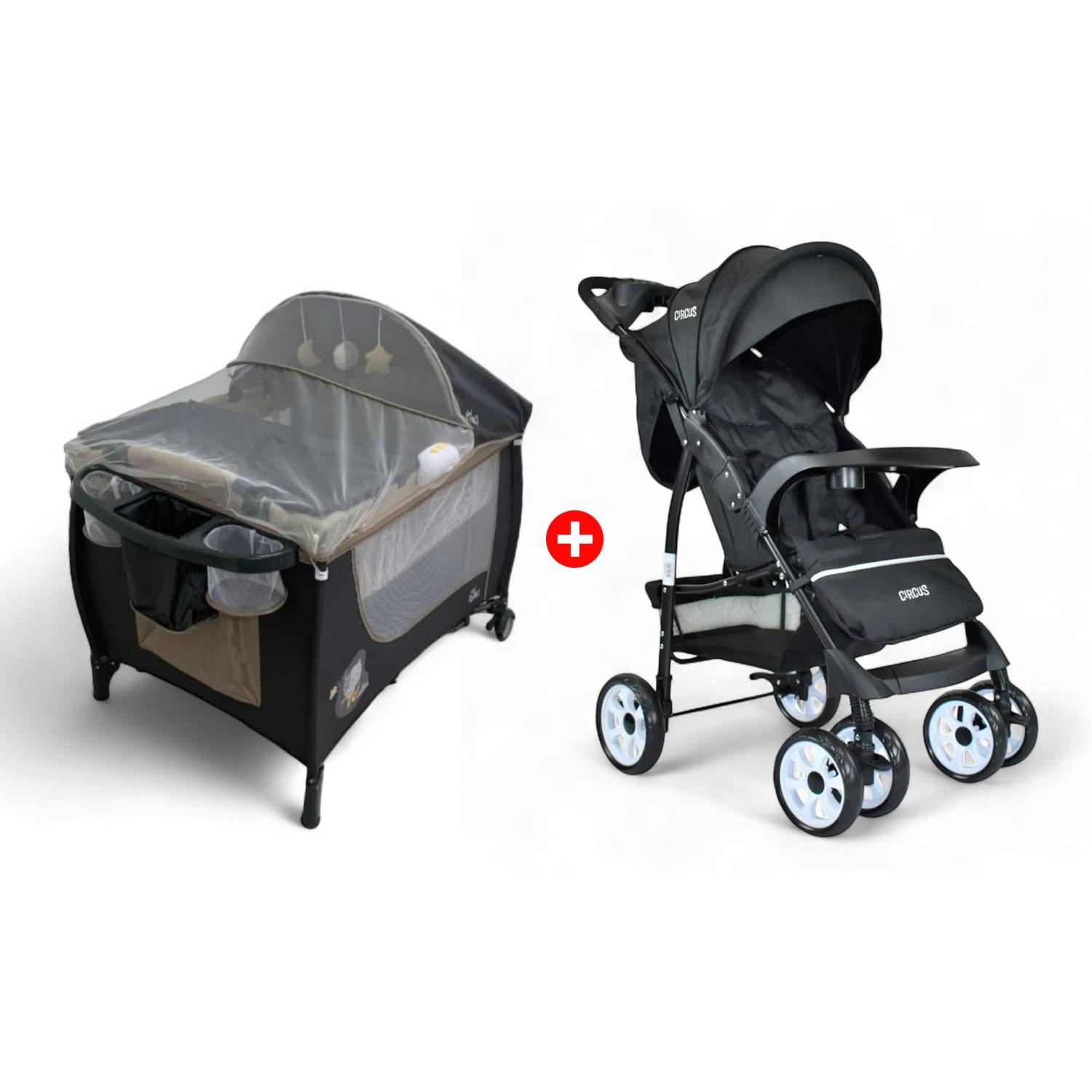 Combo Coche Multiposiciones Para Bebé Circus Negro + Cuna Corral Beige