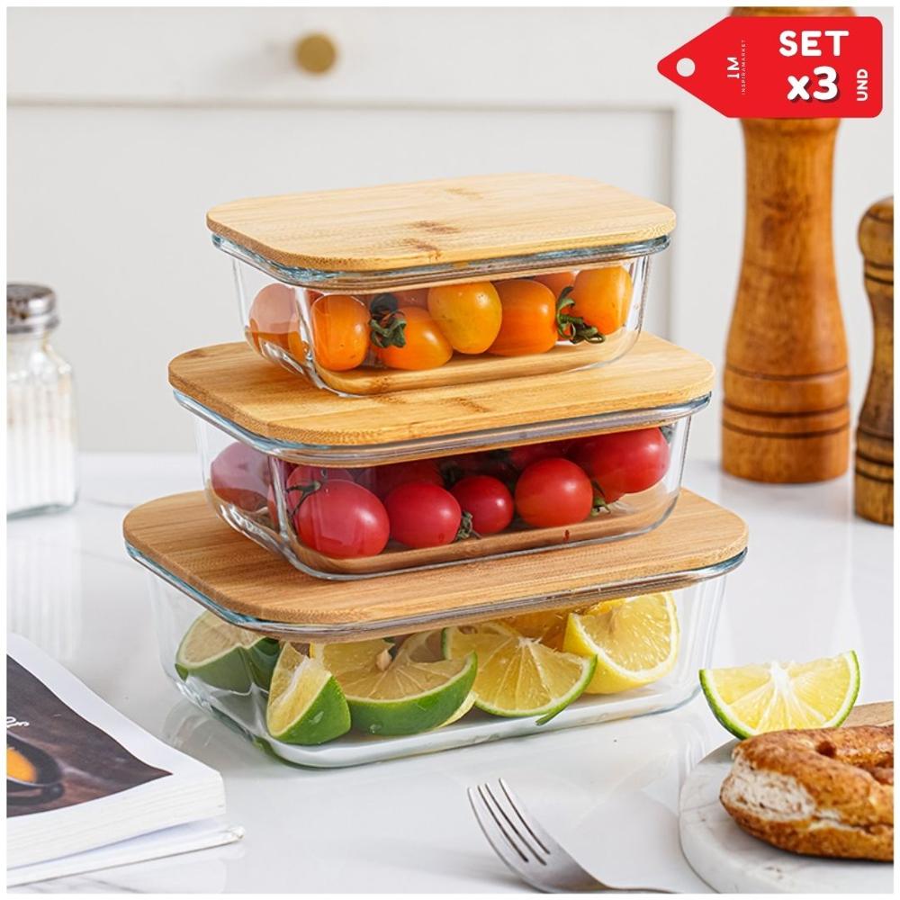 Set de 3 Recipientes Taperes de Vidrio con Tapa de Bambú